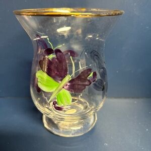 Glass Vase with Purple & Green Butterfly Design Hand painted Vintage Teleflora